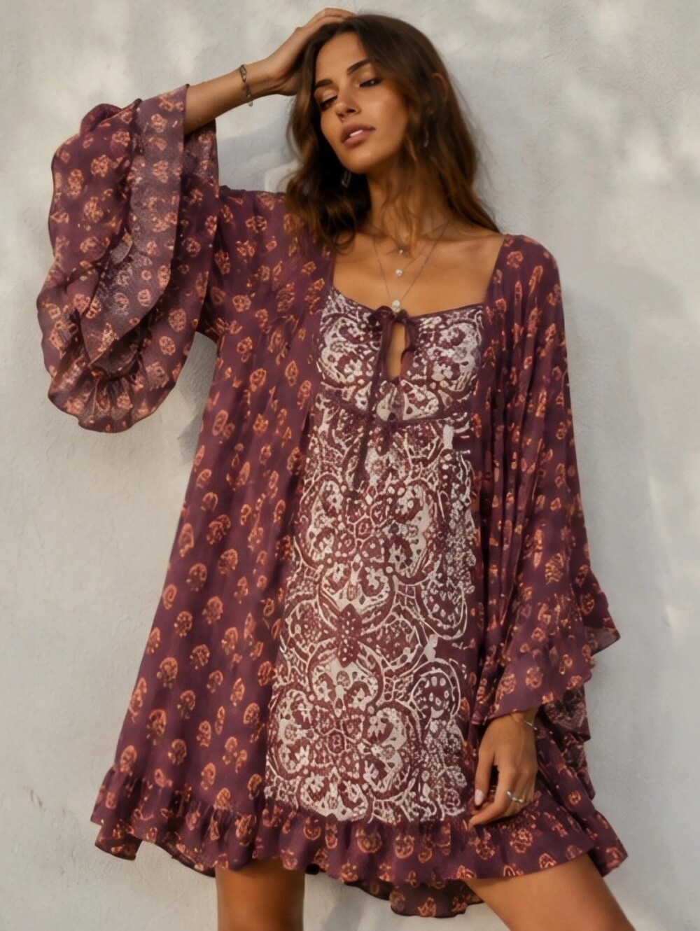 Free People Mixed Print Bell Sleeve Tunic Dress L Boho Festival
